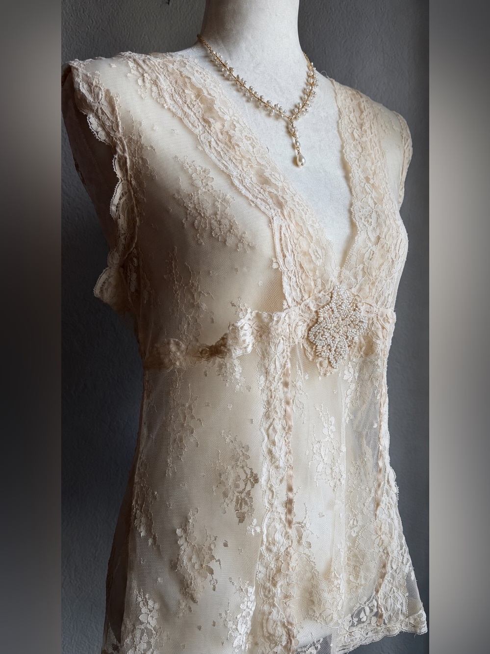 Karen Kane Ivory Sheer Lace Beaded Sleeveless Blouse Top XL Romantic Boho